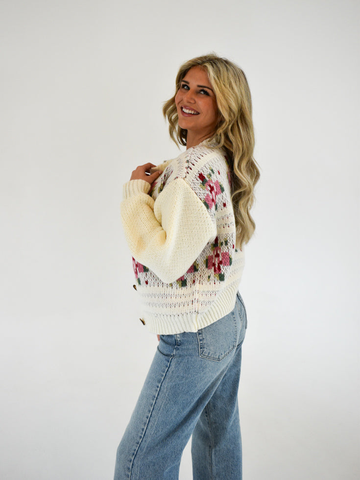 Cream Floral Chunky Cardigan