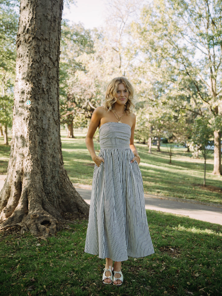 Striped Serenade Strapless Midi Dress | Black & White