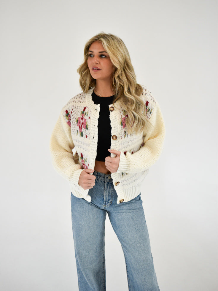 Cream Floral Chunky Cardigan