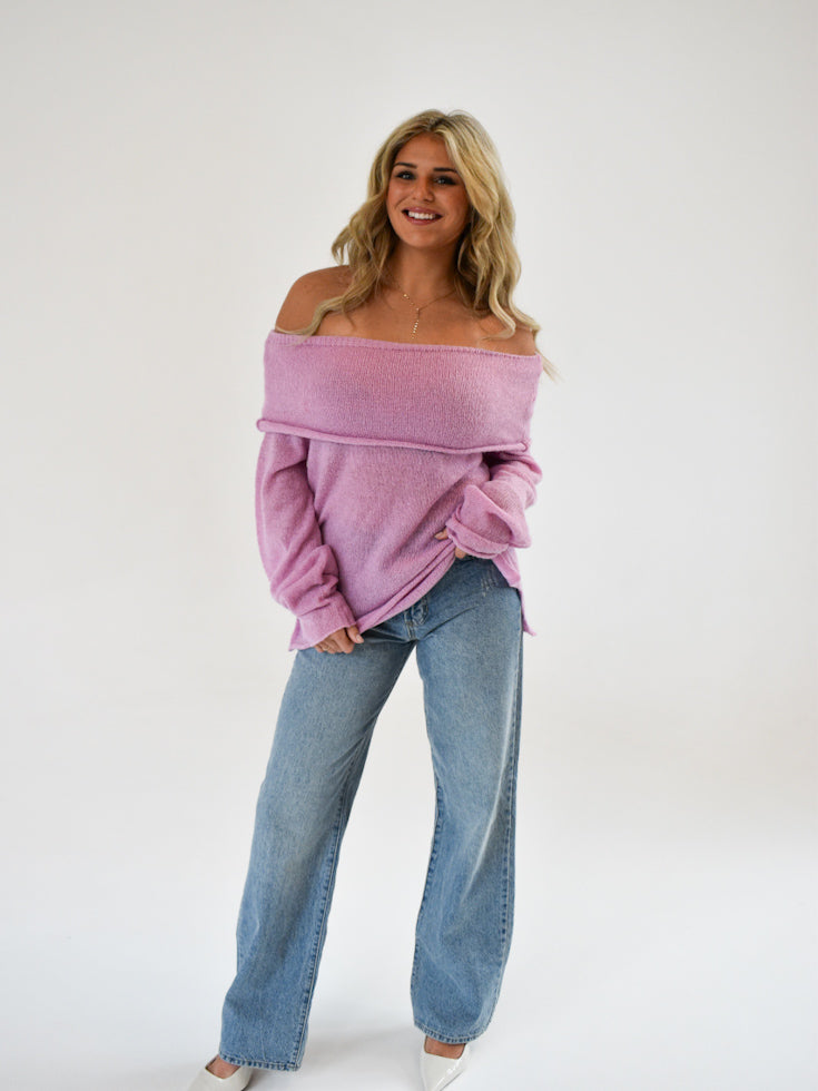 Cozy Charm Off-Shoulder Sweater | Pink