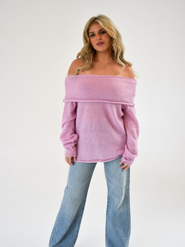 Cozy Charm Off-Shoulder Sweater | Pink