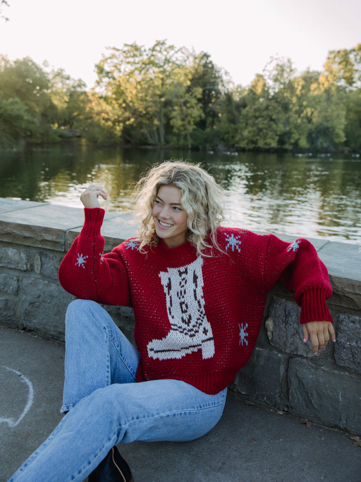 Howdy Boots Cherry Red Crew Neck Sweater