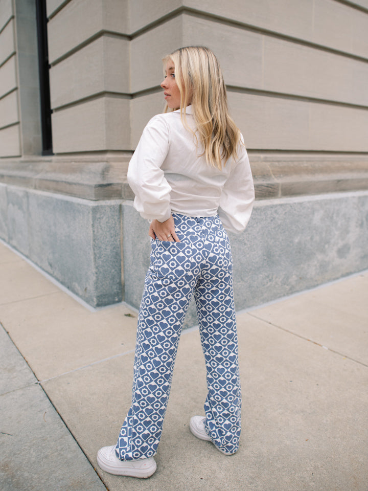 Hearts & Flowers High Rise Pants - Blue & White