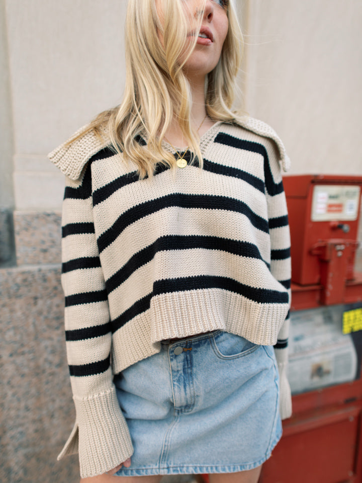 Just So You Know Striped Sweater with Broad Collar - Khaki & Black
