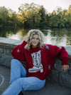 Howdy Boots Cherry Red Crew Neck Sweater