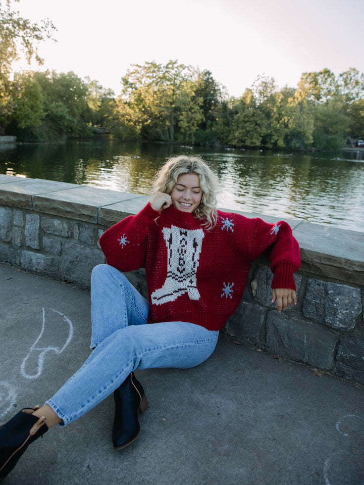 Howdy Boots Cherry Red Crew Neck Sweater