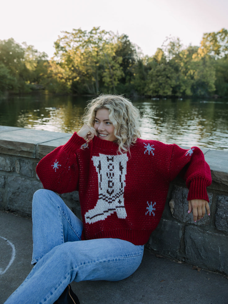 Howdy Boots Cherry Red Crew Neck Sweater