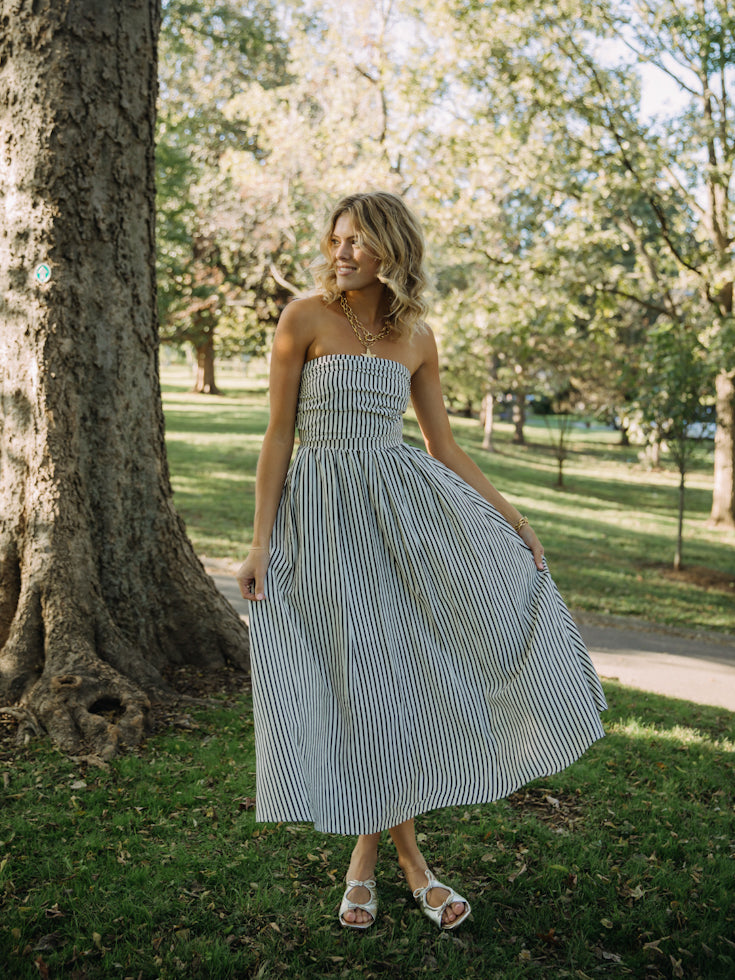 Striped Serenade Strapless Midi Dress | Black & White