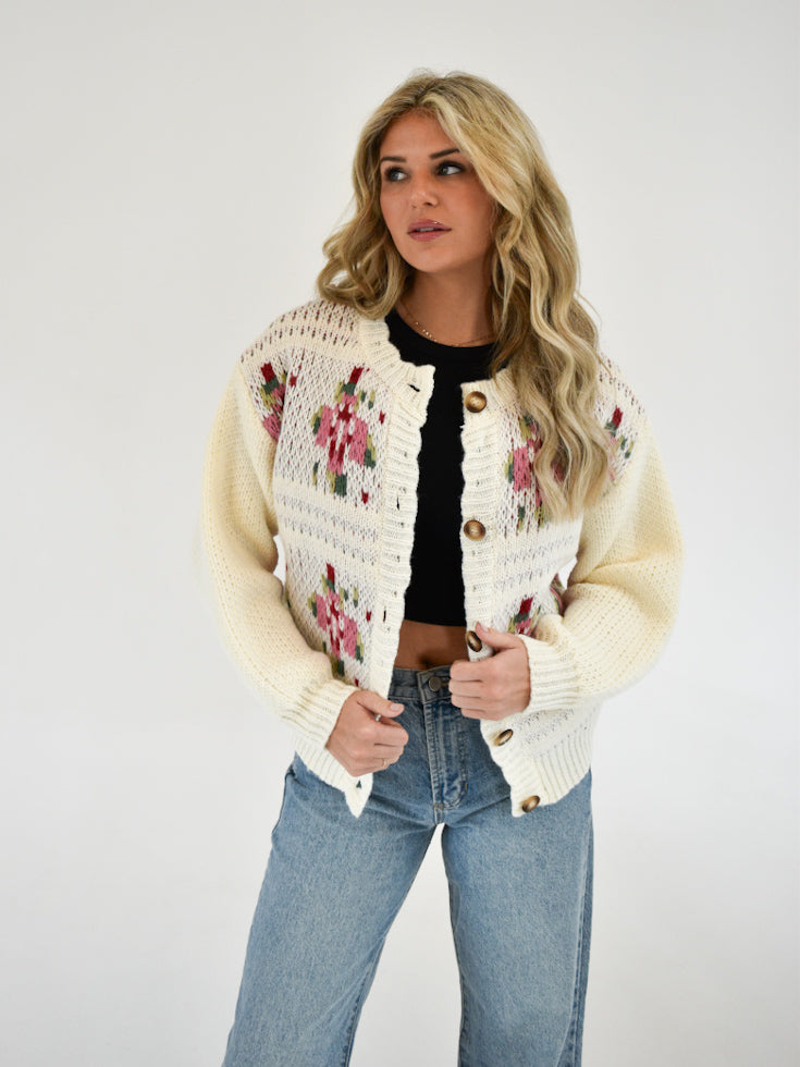 Cream Floral Chunky Cardigan