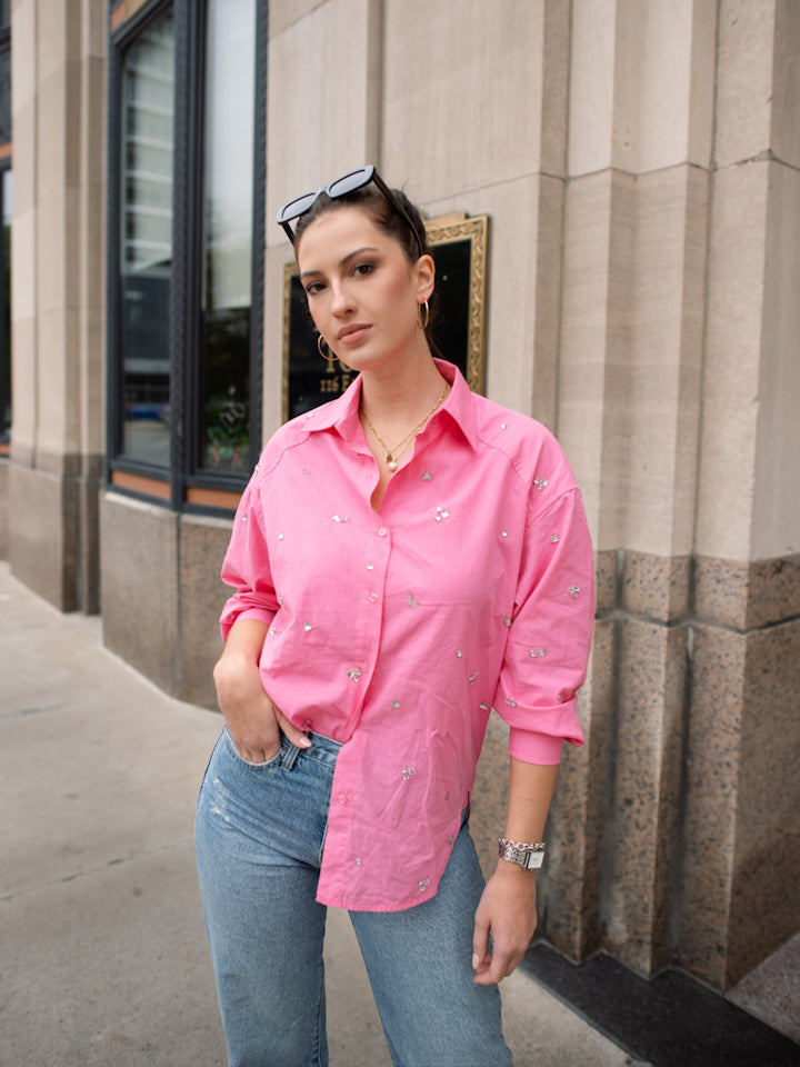Lana Rhinestone Button Up Top - Pink