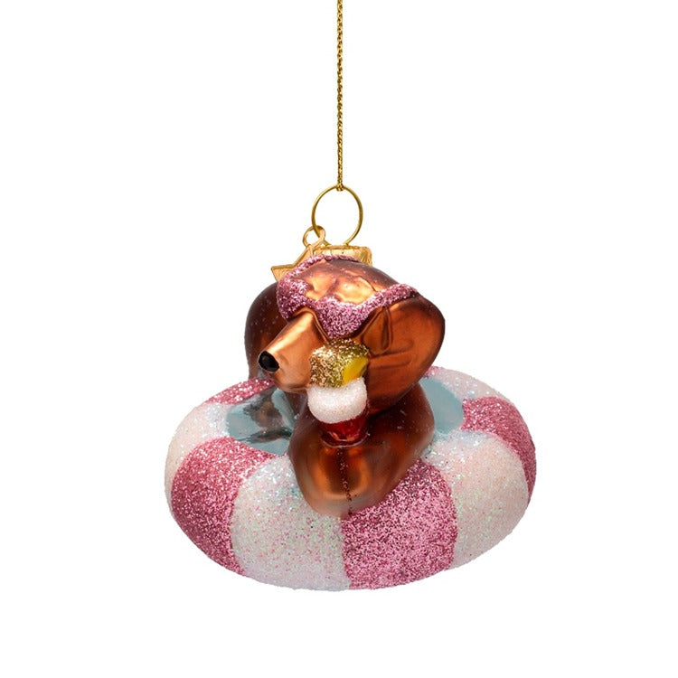 Ornament glass mutlicolor dog on pool float H2.25"