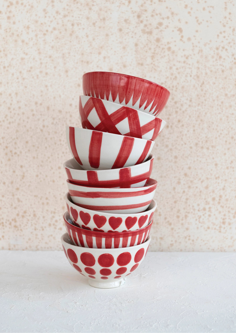 Hand-Painted Stoneware Latte Bowl | Red and White