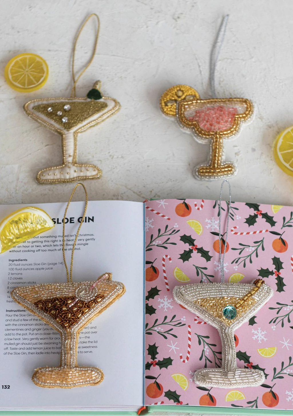 4"H Beaded Fabric Cocktail Ornament, Multi Color, 4 Styles