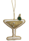 Beaded martini glass ornament with decorative elements on a white background.