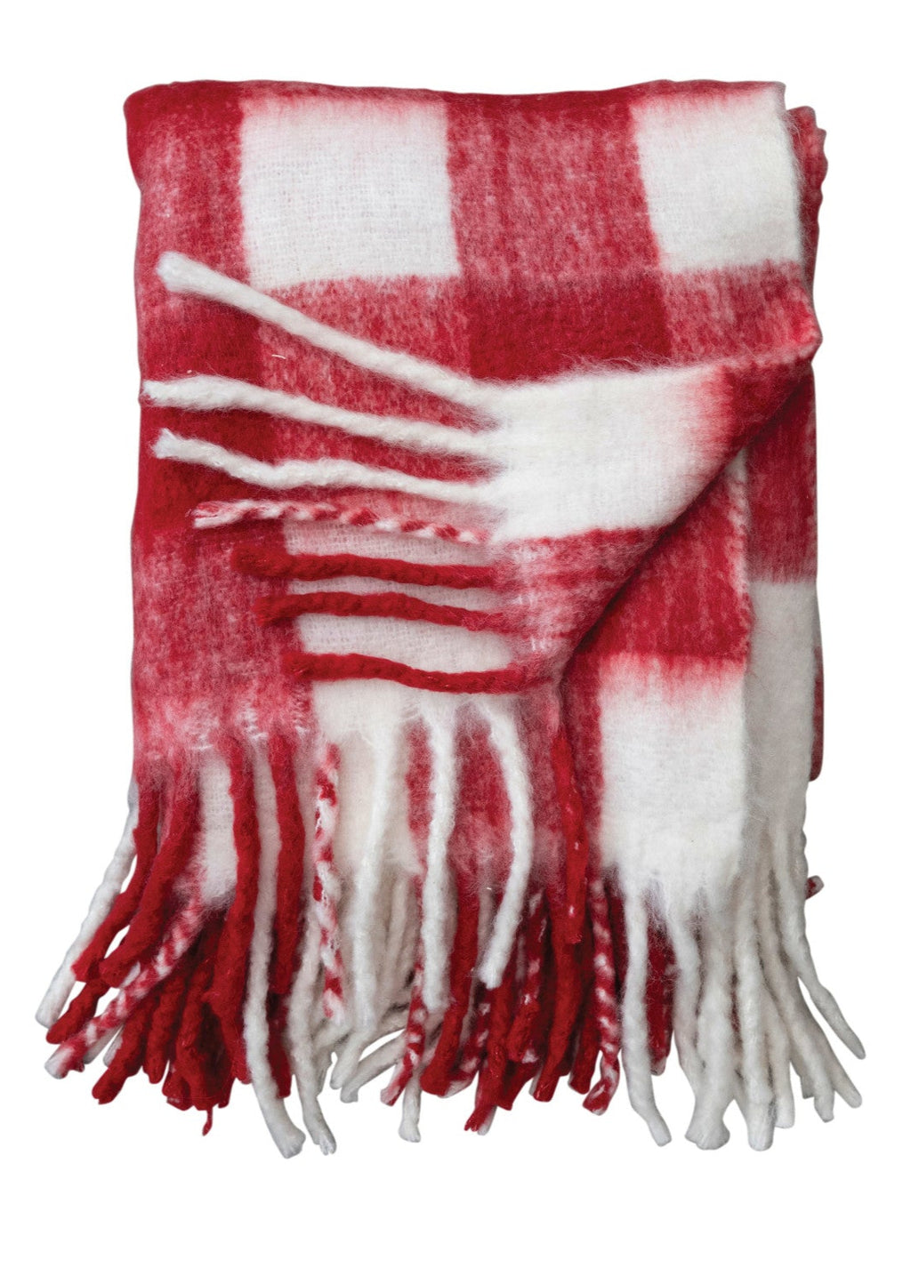 60"L x 50"W Woven Acrylic Throw w/ Fringe, Red & White Plaid