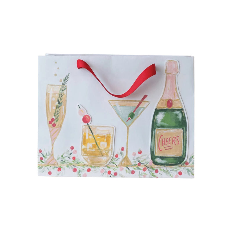 Paper Gift Bag with Holiday Cocktails & Red Ribbon Handles