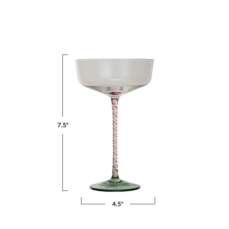 Stemmed Champagne/Coupe Glass w/ Pink Stem & Green Base | 10 oz