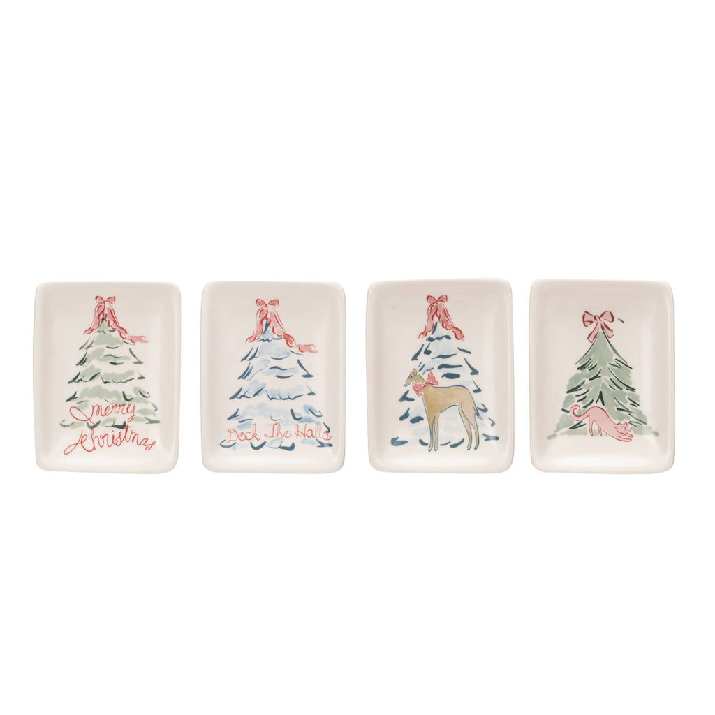 Stoneware Dish w/ Christmas Tree & Animal/Saying, 4 Styles ©