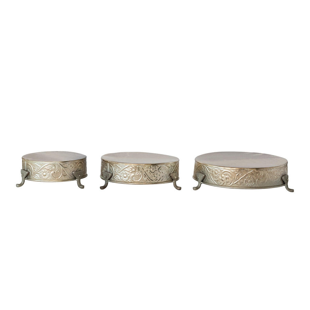 Decorative Embossed Metal Footed Pedestals, Set of 3