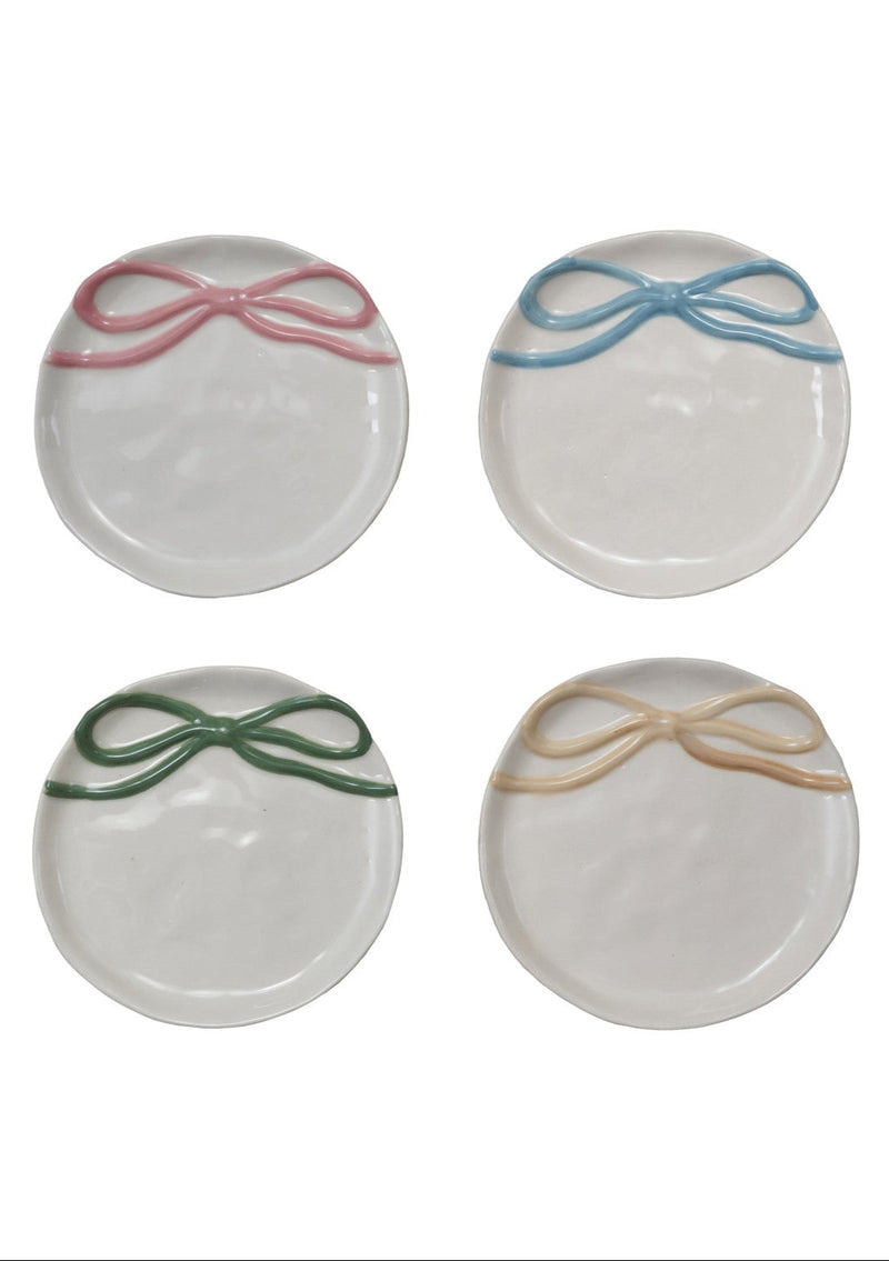 4-1/4" Round Stoneware Dish with Bow, 4 Colors