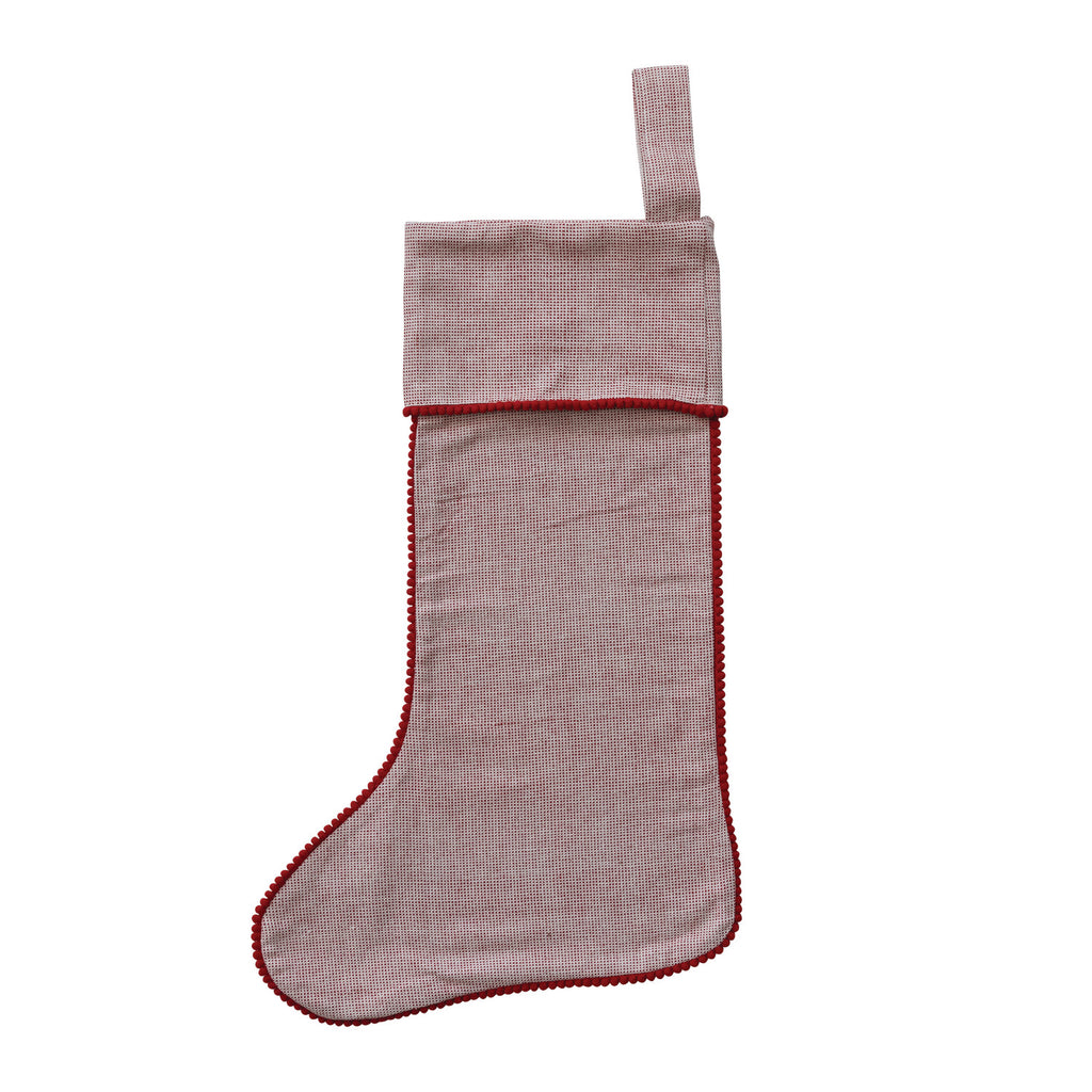 20"L x 7"W Woven Cotton Stocking with Red Mini Pom Pom Trim