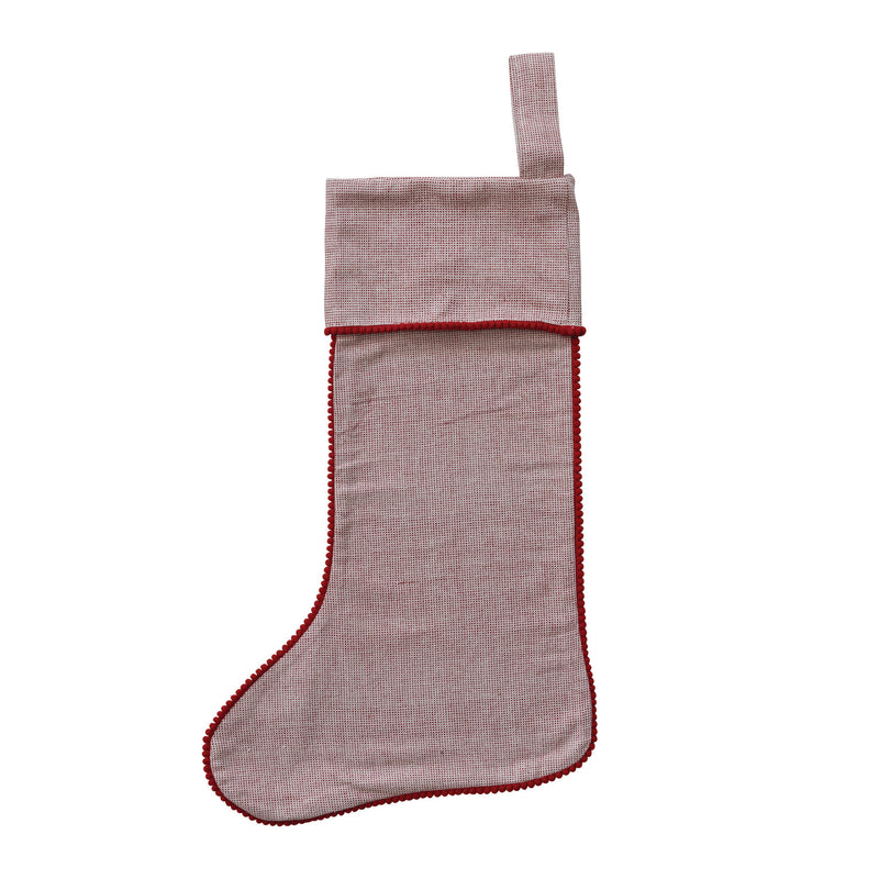 20"L x 7"W Woven Cotton Stocking with Red Mini Pom Pom Trim