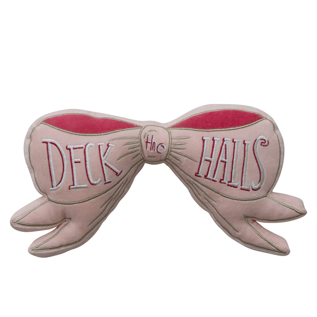 Velvet Bow Shaped Pillow with Hand-Embroidered "Deck The Halls", Pink ©