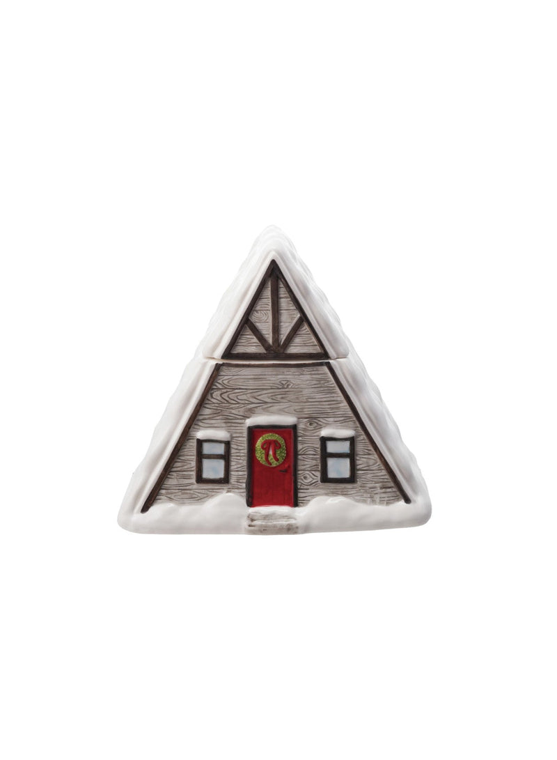 8-1/2"L x 4-1/2"W x 8"H Stoneware Cabin Shaped Container with Lid ©