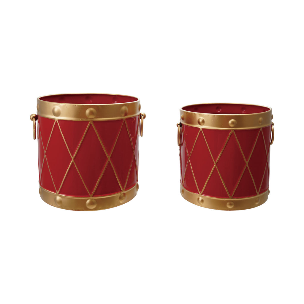 Metal Drum Shaped Buckets with Handles, Red & Gold Finish, Set of 2