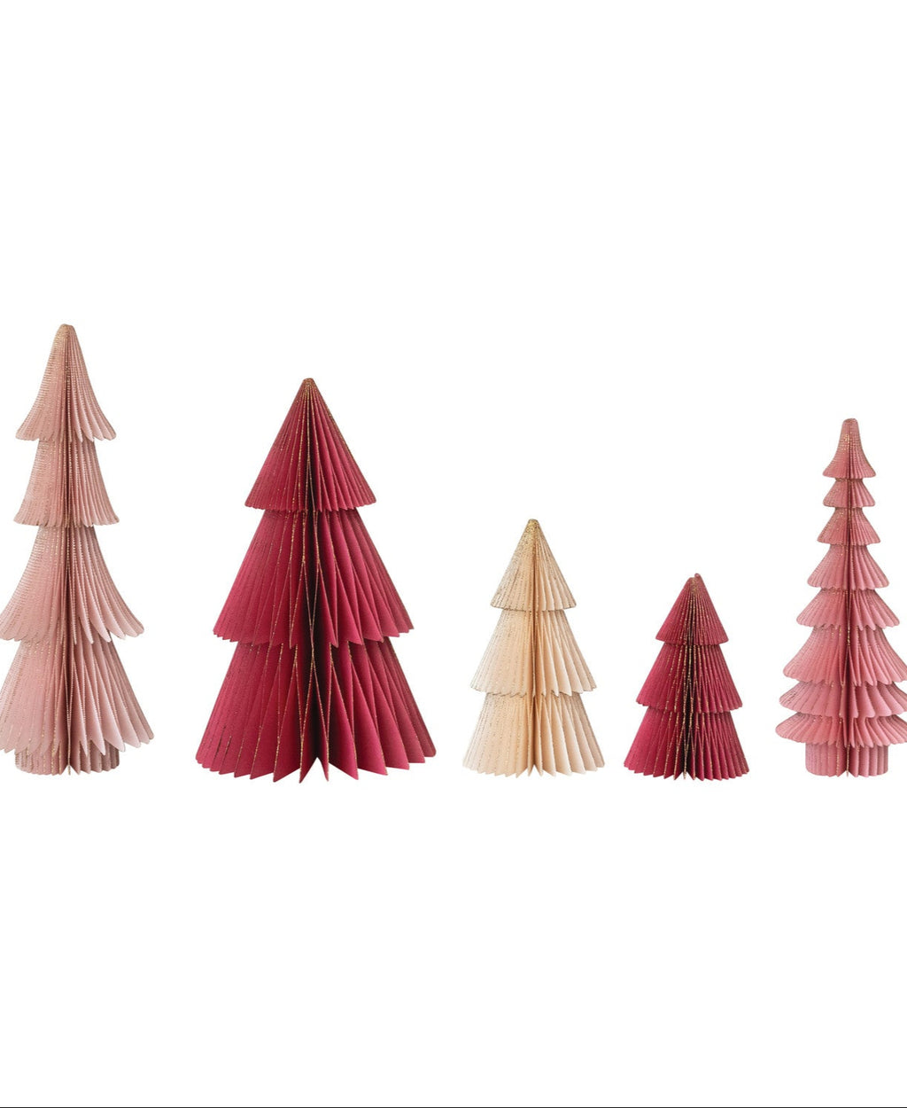 Handmade Folding Honeycomb Trees with Gold Glitter Edges, Set of 5