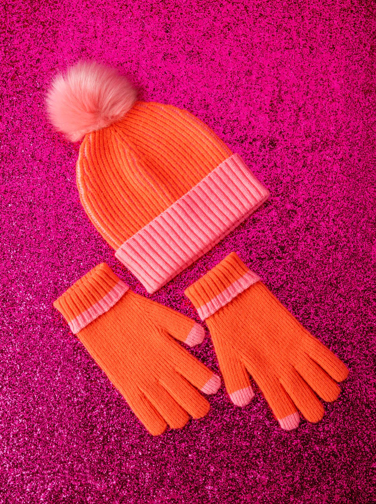 Orange with Pink Highlights Hat & Touchscreen Gloves