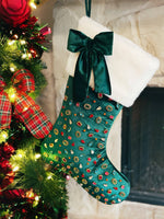 Brianna Cannon Bejeweled Velvet Christmas Stocking with Bow - Dark Green
