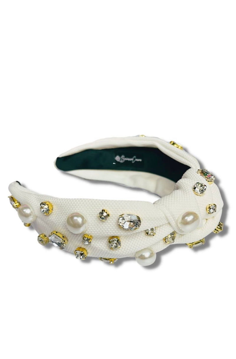 White Twill Pearls & Crystal Headband