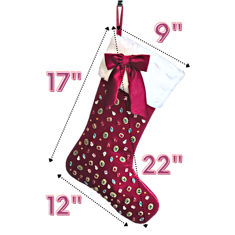 Brianna Cannon Bejeweled Velvet Christmas Stocking with Bow - Dark Berry Red