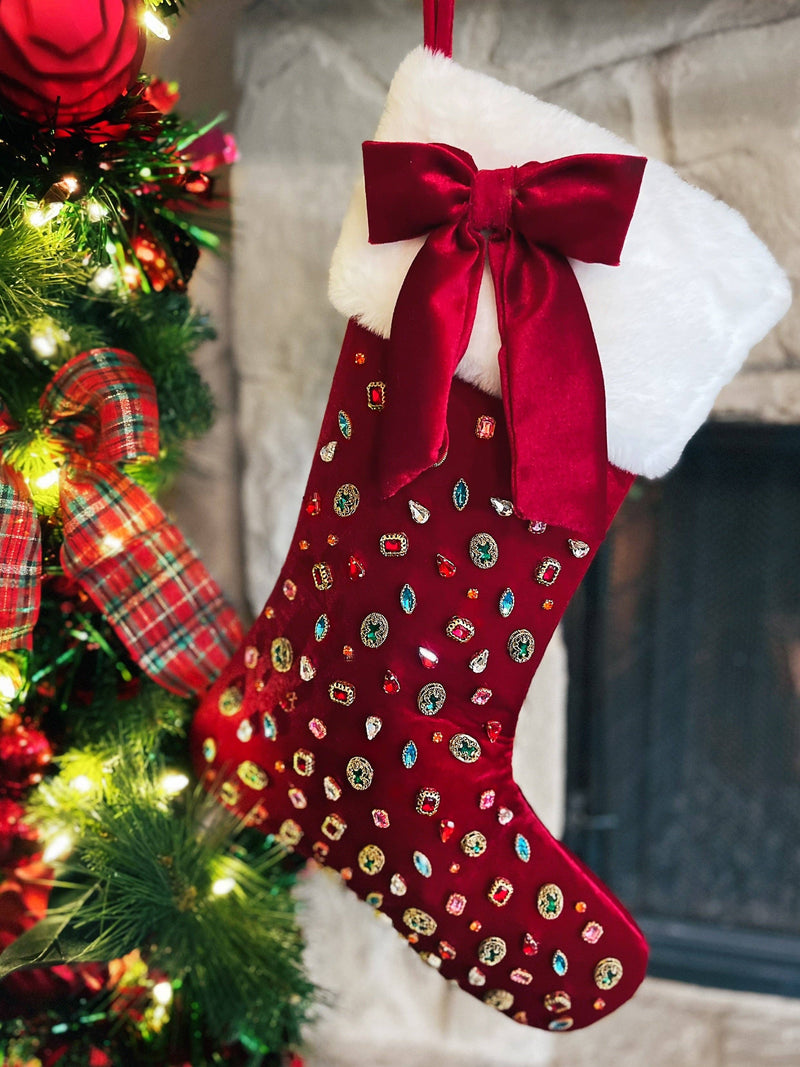 Brianna Cannon Bejeweled Velvet Christmas Stocking with Bow - Dark Berry Red