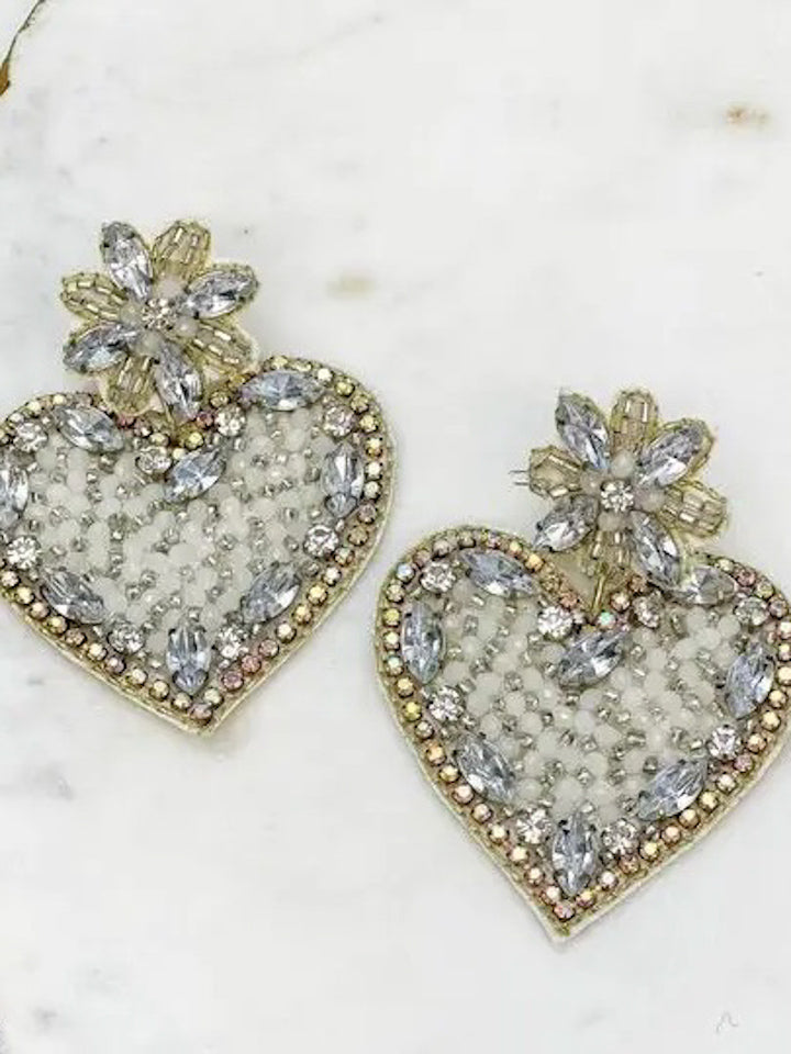 'Heart's Desire' Rhinestone & Bead Statement Earrings, White