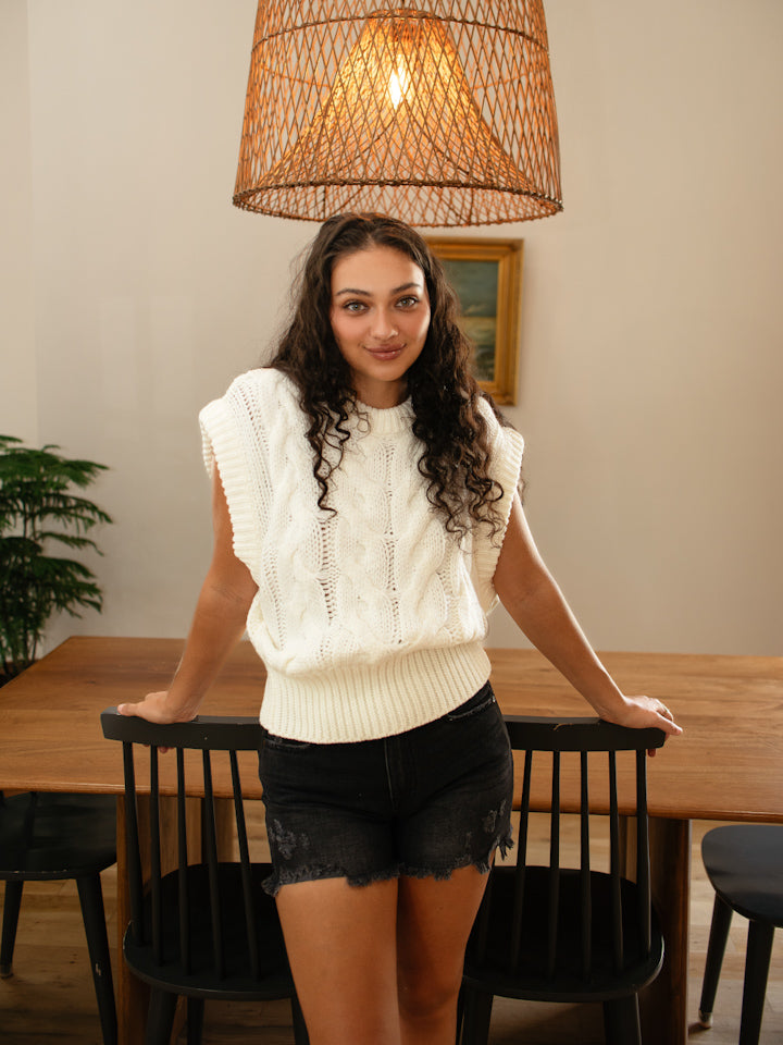 Joslynn Cable Knit Sweater Vest- White
