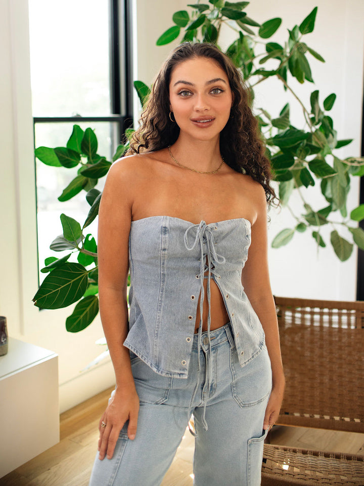 Lucky Me Lace Up Strapless Denim Top