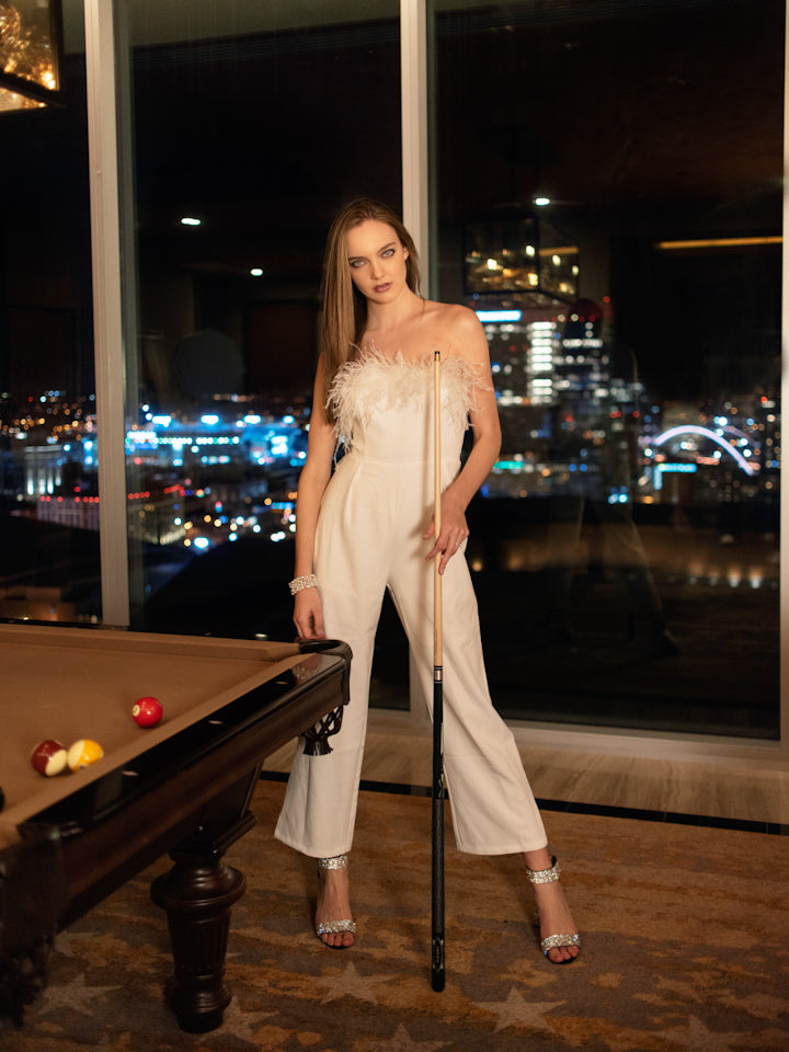 Angelina White Strapless Feathered Jumpsuit