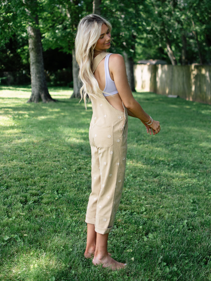 Sand Daisy Embroidered Overalls
