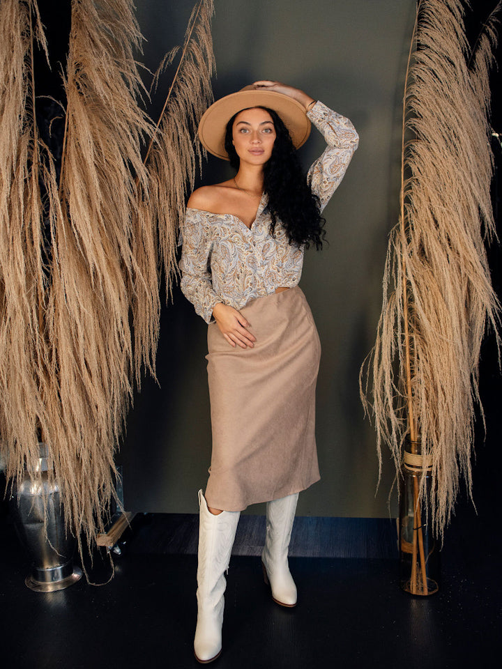 Mona Taupe Midi Skirt