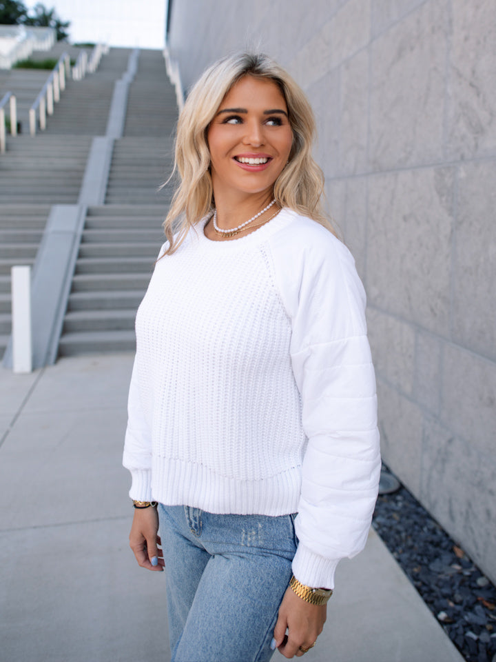 White Out Sweater With Quilted Sleeves