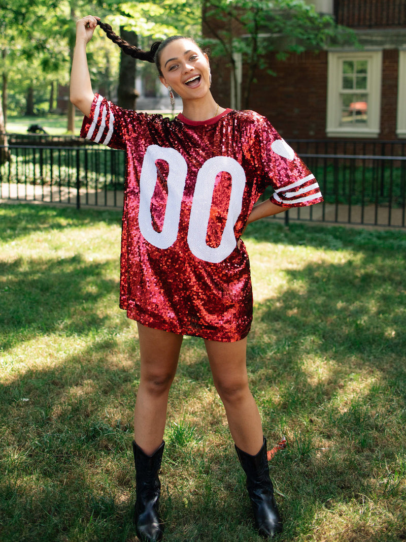 Sequin Game Day Oversized Jersey, Crimson & White