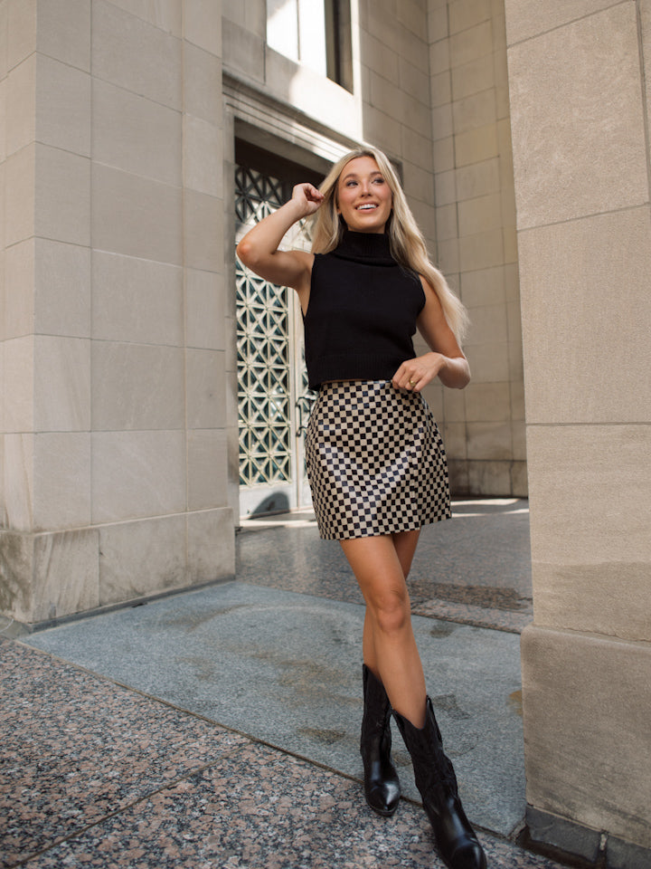 Mocha Checkered Faux Leather Mini Skirt