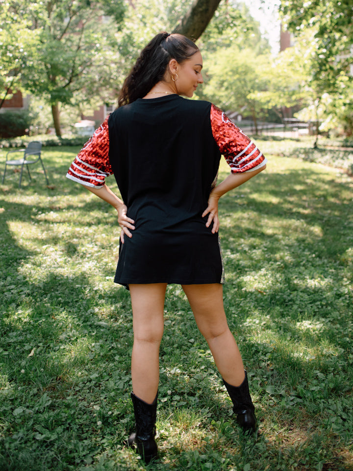 Sequined Game Day Oversized Jersey, Red & Silver